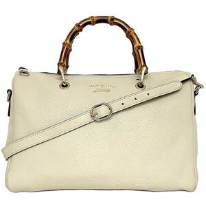 Gucci Boston Bag White Bamboo Handbag Shoulder Leather Zipper Business